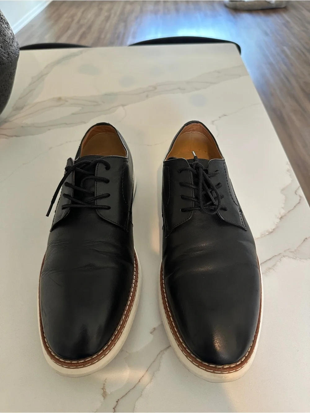 Men's Black Leather Derby Shoes with White Sole